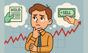 an illustration of a retail investor in a dilemma, deciding bila masa nak hold saham dan bila masa nak jual saham